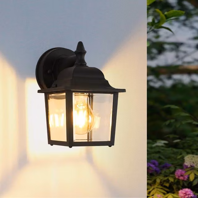 Pheashine Retro Black Outdoor Wall Lantern with Transparent Glass and E27 Fitting