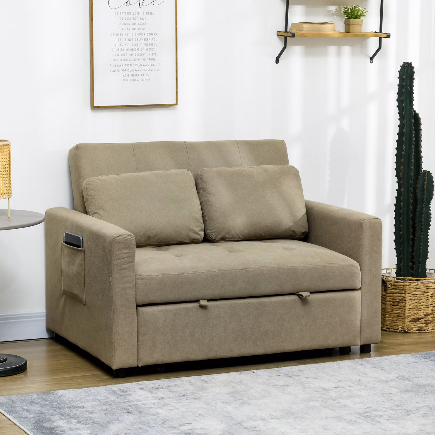 HOMCOM Convertible Loveseat Sofa Bed in Brown with 2 Scatter Cushions and Side Pockets – 2