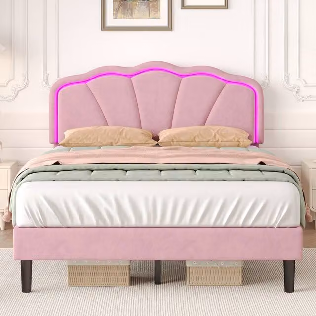 Merax Pink Velvet Upholstered Double Bed Frame with Smart LED Under-Bed Lighting, W/D/H: 140 x 200 x 135 cm – 1