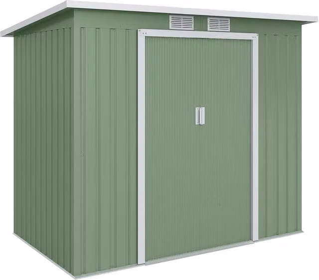Rolipo Green Galvanised Steel Garden Shed with Foundation Kit, Double Doors and Side Vent, W/D/H: 213.36 x 121.92 x 172 cm – 1