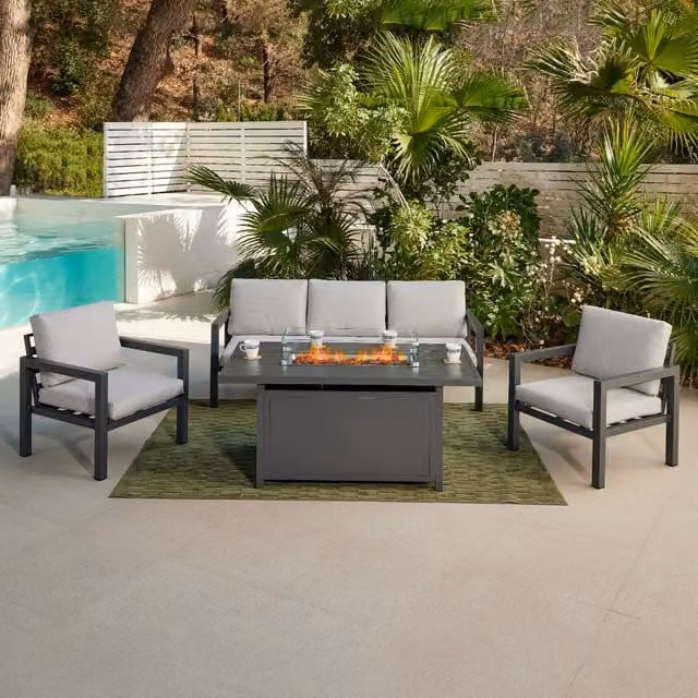 Del Fiore Luxury Grey Garden Furniture Set with 3 Seater Sofa, 2 Armchairs, Fire Pit Table and Garden Cover