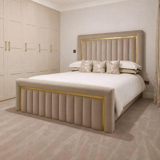 Stratus Interiors Sultan Velvet Bed Frame with Lift Up Base in Beige and Gold, W/D/H: 180 x 152.4 x 127 cm