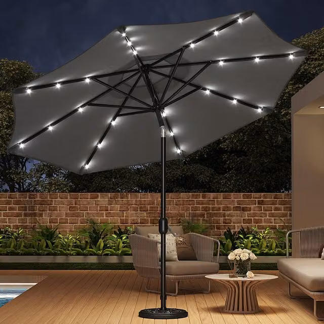 Livingandhome Lighted Cantilever Garden Parasol with Round Base in Grey