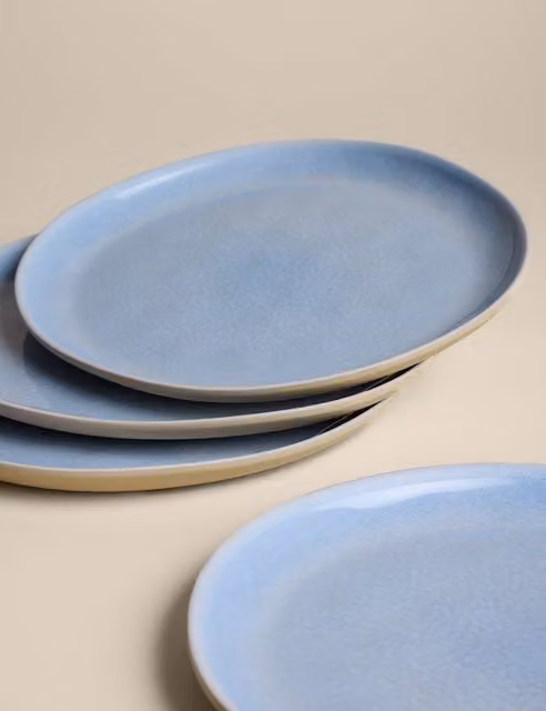 M&S Set of 4 Blue Melamine Reactive Linen Picnic Dinner Plates