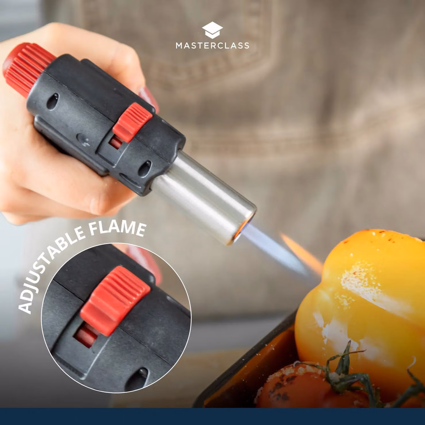 MasterClass Refillable Kitchen Gas Blow Torch with Adjustable Anti-flare Flame in Silver, Black and Red – 4