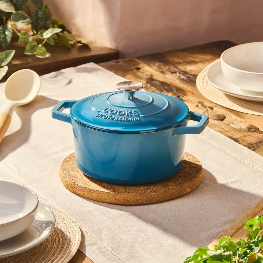 Cooks Professional Set of 3 Enamelled Cast Iron Casserole Dishes with Lids in Teal – 3