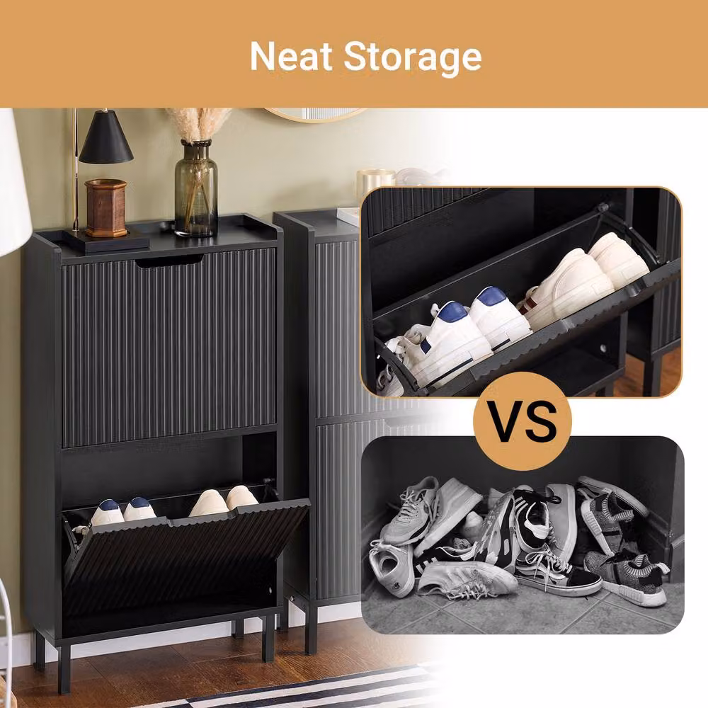 SoBuy Slim Modern Black Matt Shoe Cabinet with Tilting Compartments and Internal Shelves – 2
