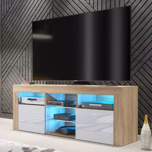 Mex Furniture LTD Pulse TV Unit in Oak and White Gloss with LED Lights, W: 145 cm, D: 35 cm, H: 53 cm