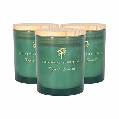 Nicola Spring Sage & Seasalt Scented Soy Wax Candles, Pack of 3, 130g Green Glass Jars