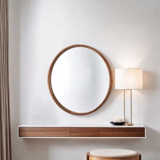 Yearn Round Solid Wood Wall Mirror in Brown, Diameter: 60 cm
