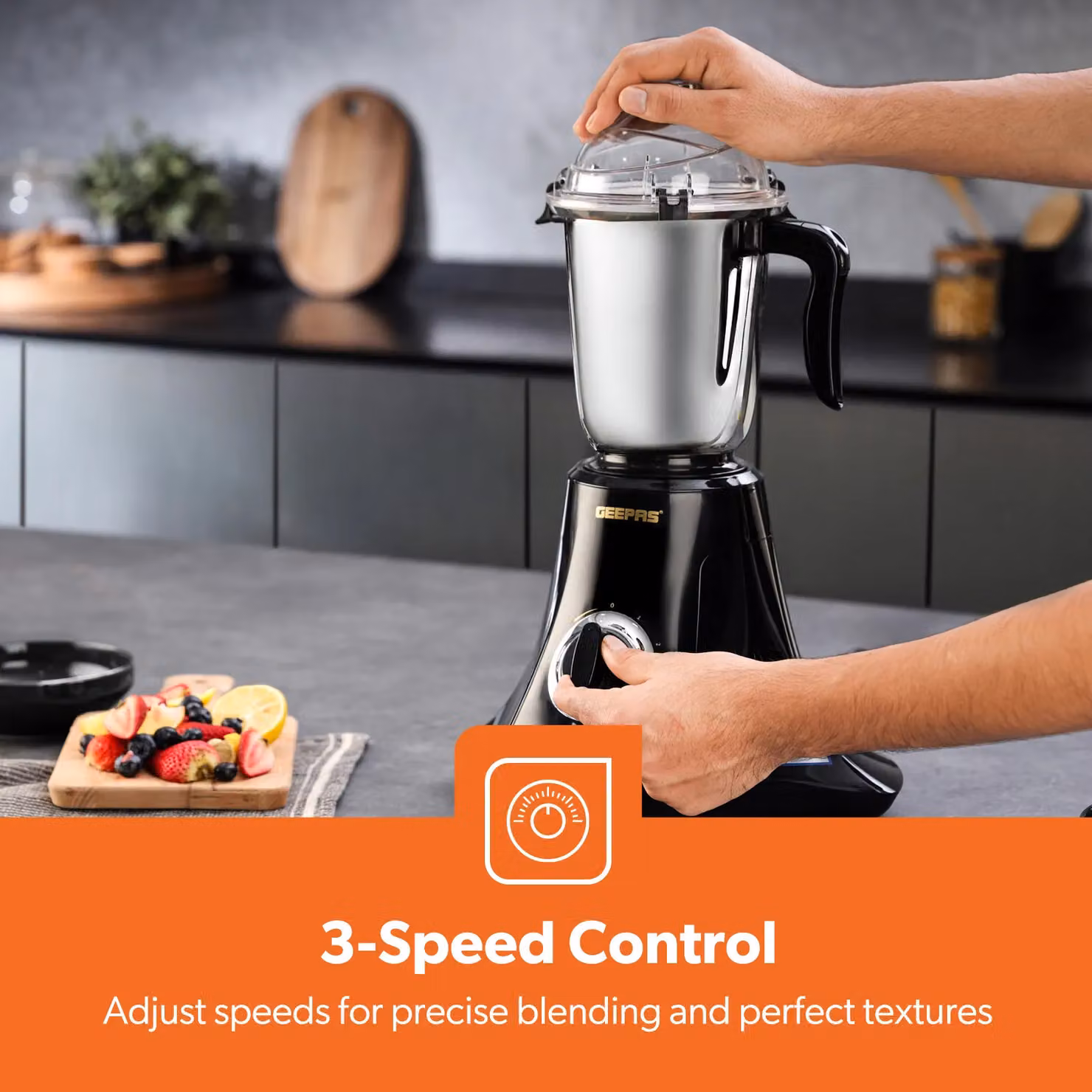 Geepas 750W 3-in-1 Mixer Grinder with Stainless Steel Jars and Overheat Protection, Black – 7