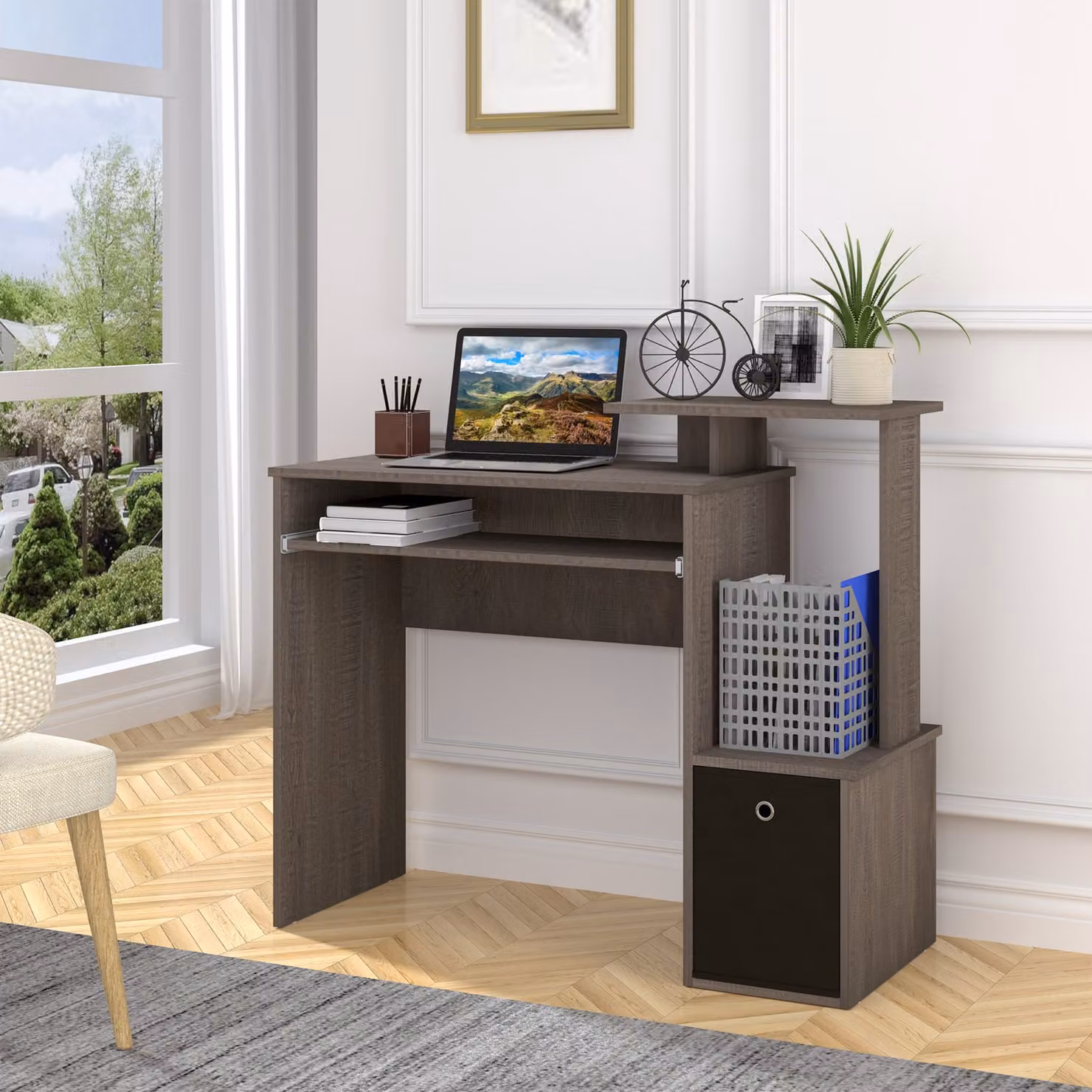 HOMCOM Grey Computer Desk with Sliding Keyboard Tray, Storage Drawer and Shelf for Home Office – 2