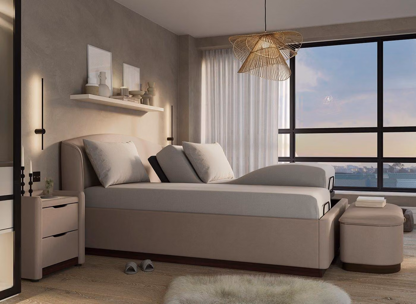 Dreams Chloe Ergomotion Adjustable Upholstered Bed Frame in Velvet with USB Charging Port and Under-Bed Lighting