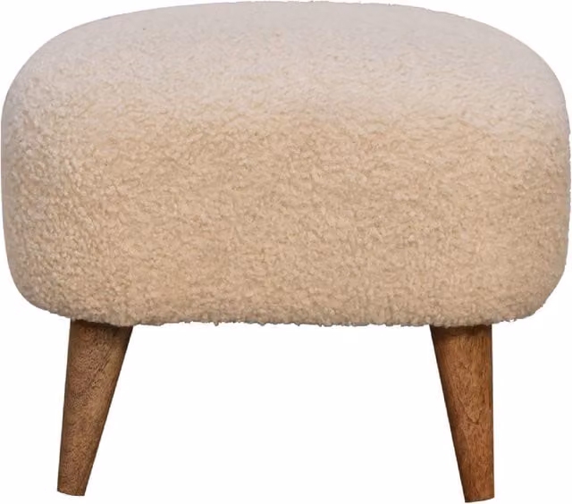 KDMK Scandinavian Style Mango Wood and Bouclé Cotton Cube Footstool in Brown and Beige