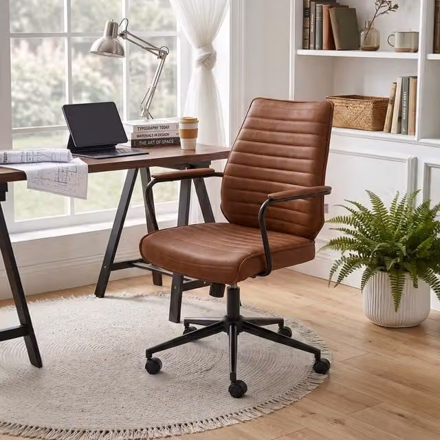 Livingandhome Modern Brown Synthetic Leather Swivel Task Chair with Armrests