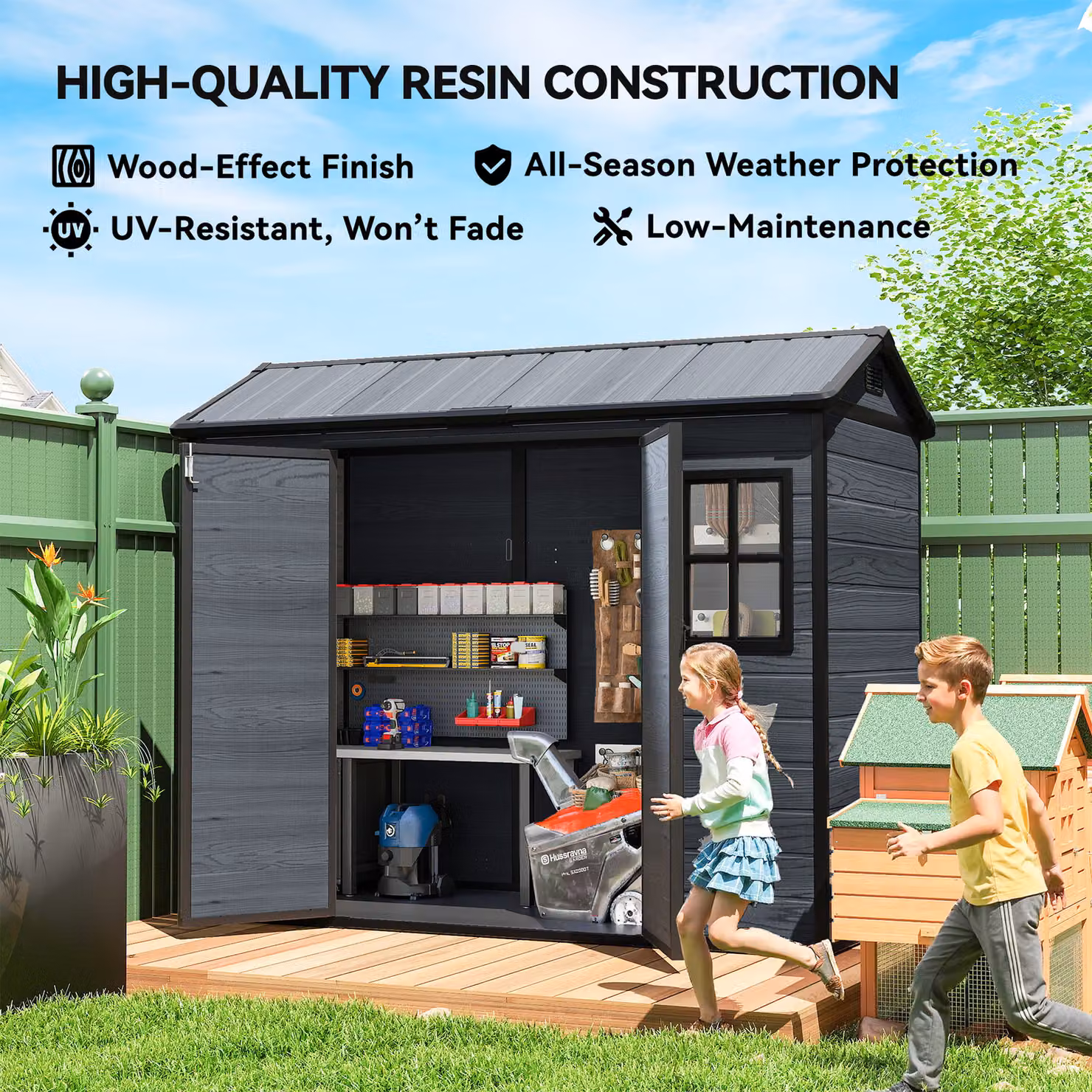 Outsunny Wood-Effect Resin Garden Shed in Dark Grey with Windows, Floor and Lockable Double Doors – 6