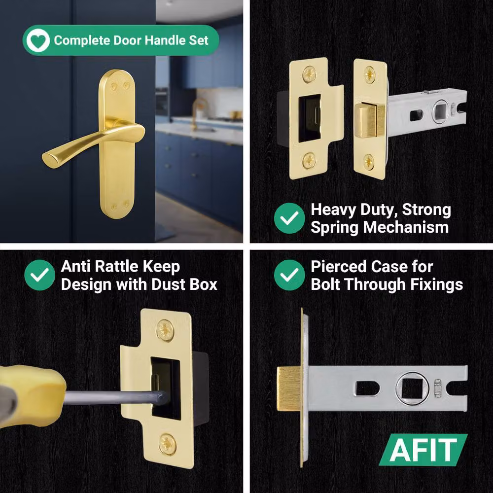 AFIT Satin Brass Twist Door Handle and Latch Set with Long Backplate, Gold, 4 Pairs – 3