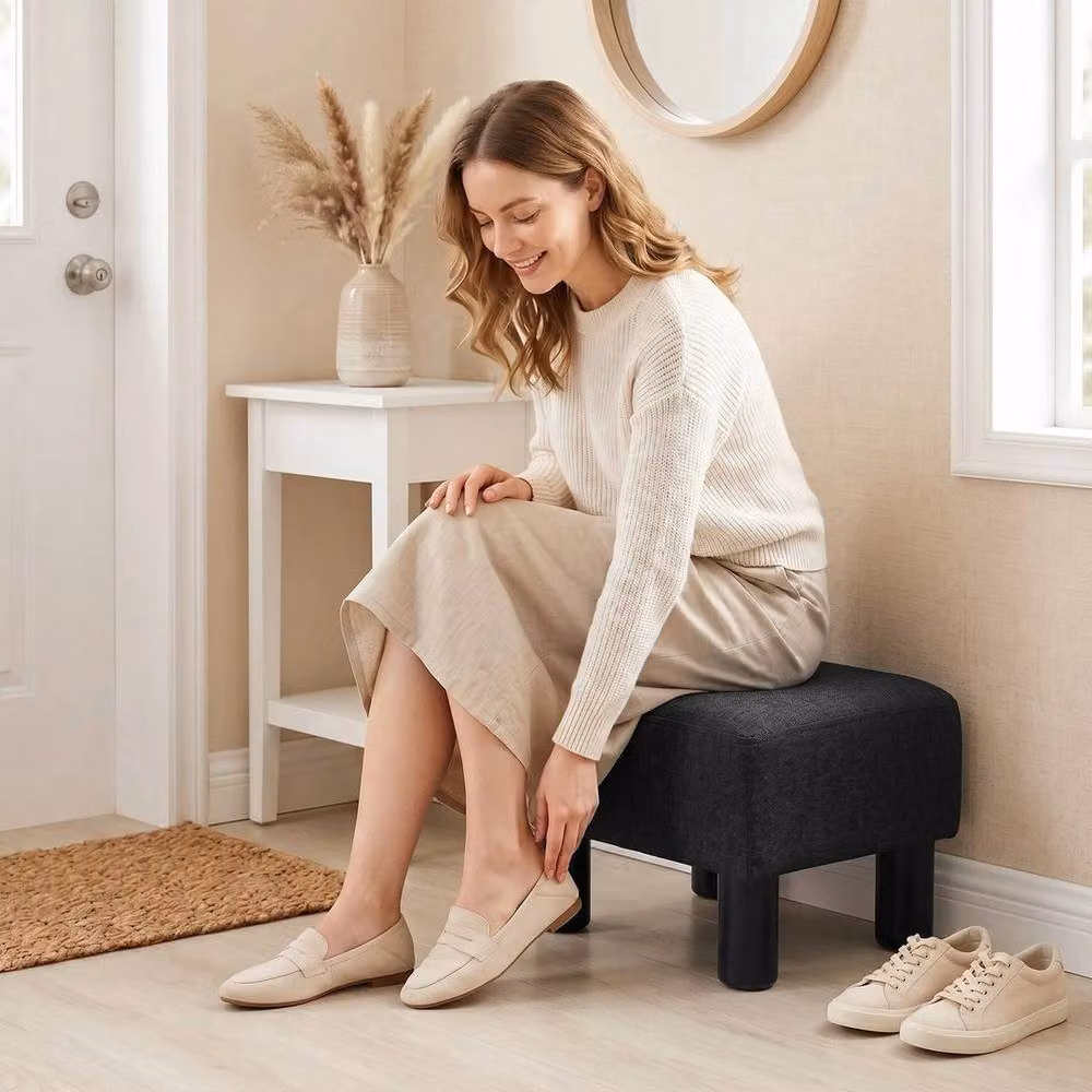 FORGEVIO Chic Linen Fabric Foot Stool Ottoman Cube in Black, W/D/H: 40 x 30 x 24 cm – 3