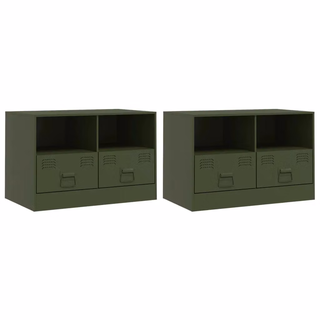 Berkfield Home Set of 2 Metal TV Cabinets in Olive Green, W/D/H: 67 x 39 x 44 cm – 2