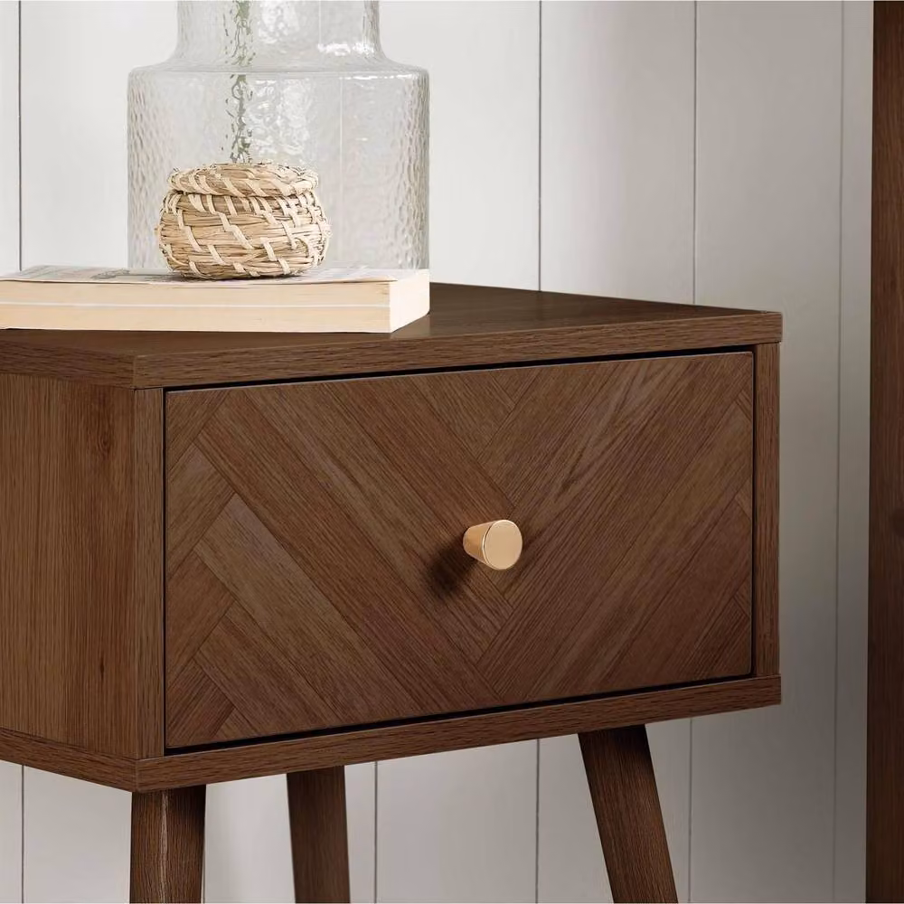 Birlea Herringford 1 Drawer Bedside Table in Brown Walnut with Geometric Chevron Parquet Design – 2