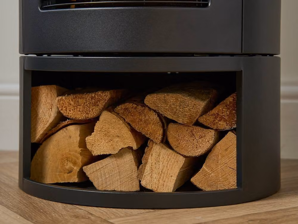 Adam Fires & Fireplaces Dunston Round Stove with Log Store and Angled Pipe in Black – 6