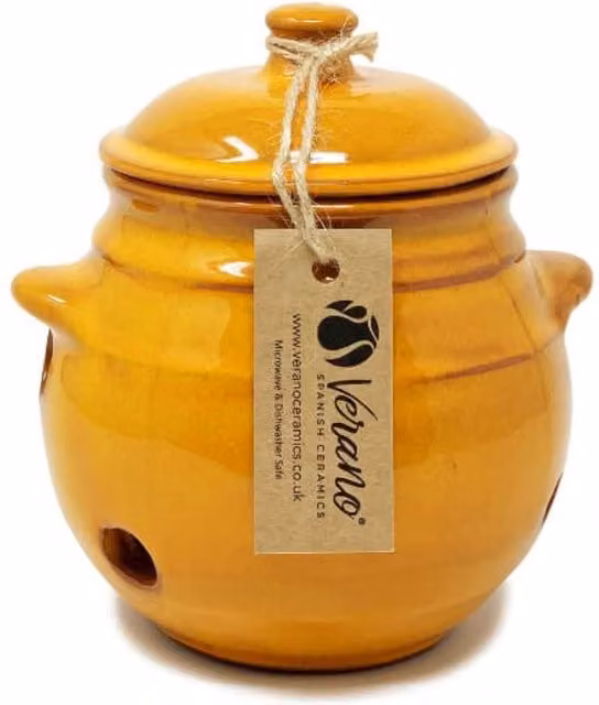 Verano Spanish Ceramics Selena Glazed Hand Dipped Garlic Jar with Lid, Orange, Height: 15 cm