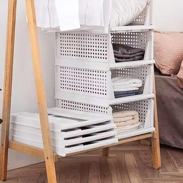 Livingandhome Foldable and Stackable Plastic Drawer Storage Basket, Grey and White, 27l