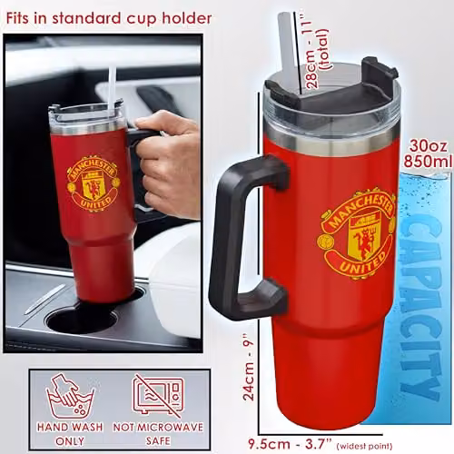 Get Trend Manchester United Insulated Stainless Steel Tumbler with Straw and Handle, Red, 850ml – 5