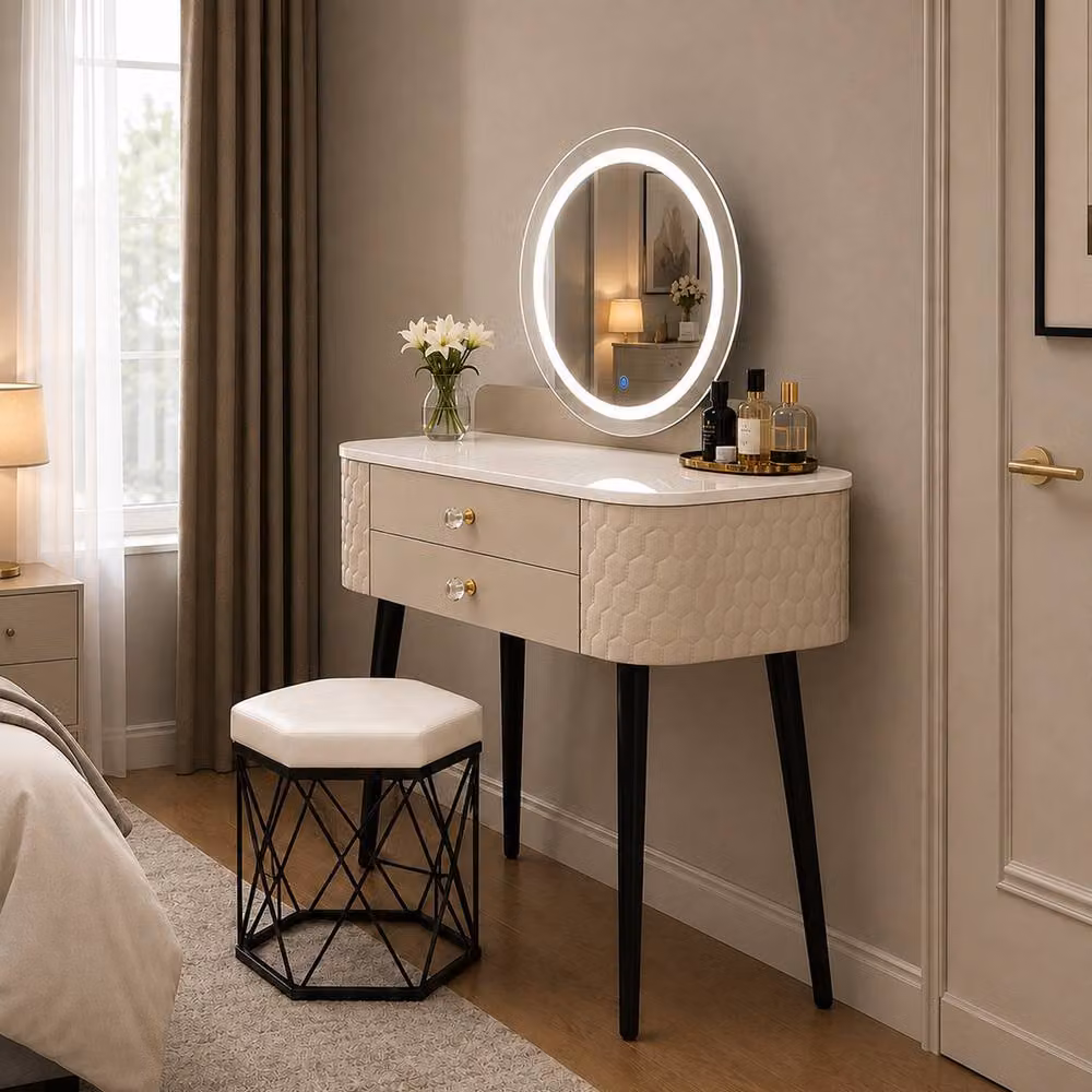 MN Furniture Modern Dressing Table with LED Mirror and Storage Drawer, Beige, W: 60 cm, D: 40 cm, H: 127 cm – 2