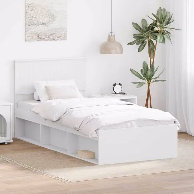 Berkfield Home Modern Bed Frame with Headboard in White, Solid Pine and Engineered Wood, W/D/H: 90 x 200 cm