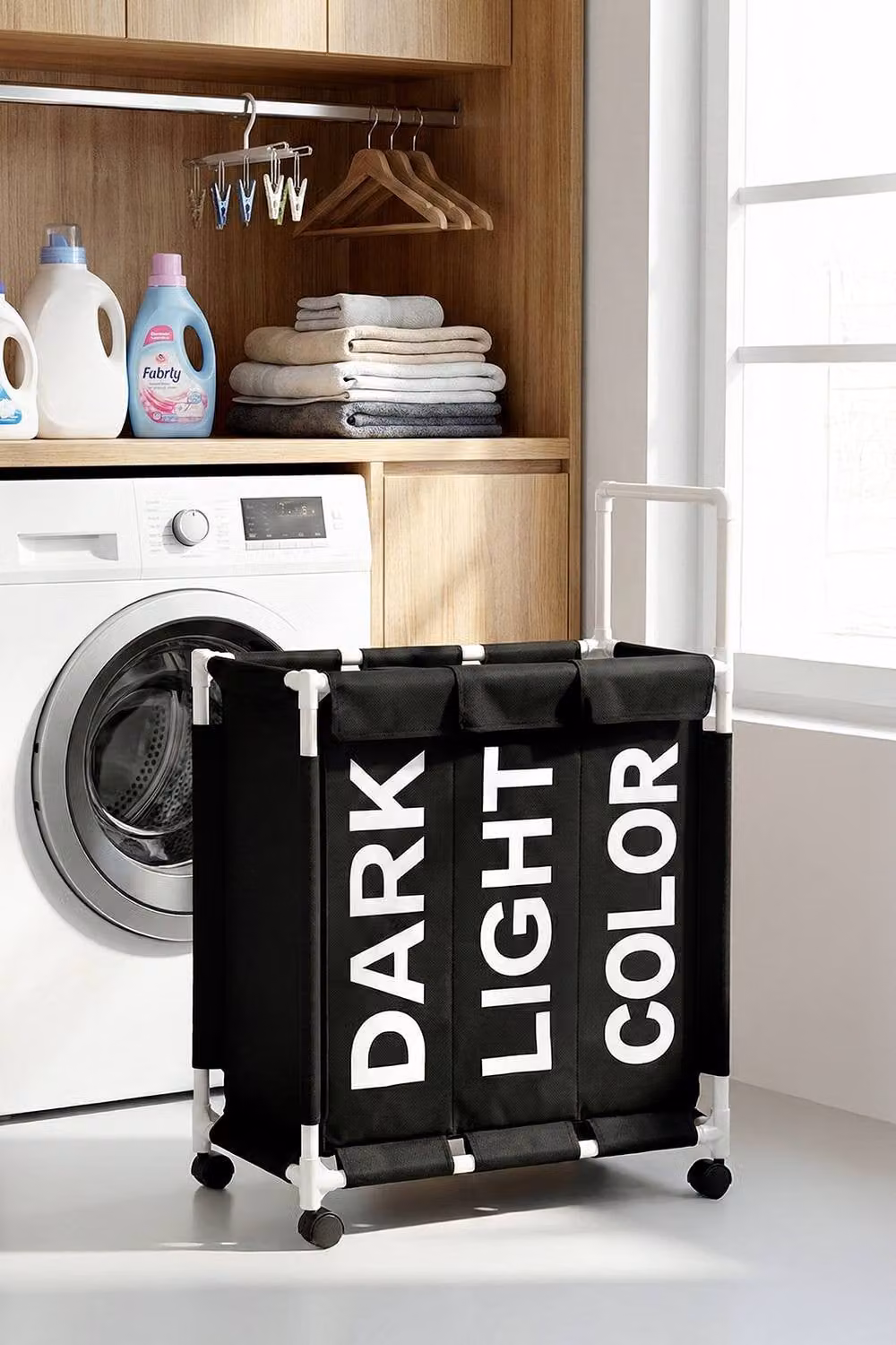 Garden Sanctuary 110L 3-Section Fabric Laundry Basket with Lid and Wheels in Black – 2