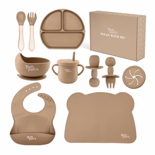 Yum Yums 10-Piece Silicone Baby Weaning Set in Brown – 1
