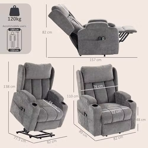 HOMCOM Grey Fabric Power Lift Recliner Chair with Vibration Massage and Heat – 3