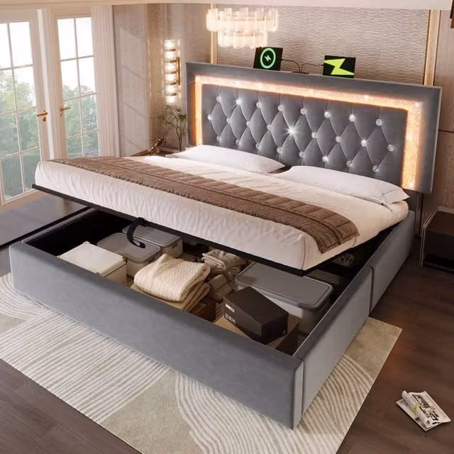Matteo Grey Velvet Double Bed with LED Lighting, USB Charging Ports and Hydraulic Storage, W/D/H: 140 x 200 cm