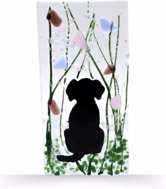Sienna Glass Handmade Fused Glass Tea Light Holder with Dog and Violet Floral Design in Multicolour