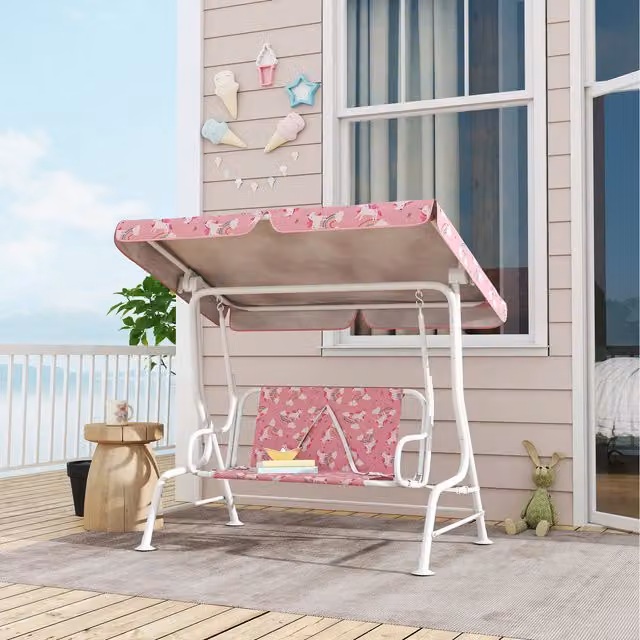 AIYAPLAY 2-Seater Canopy Swing Chair for Children in Pink with Animal Print Fabric