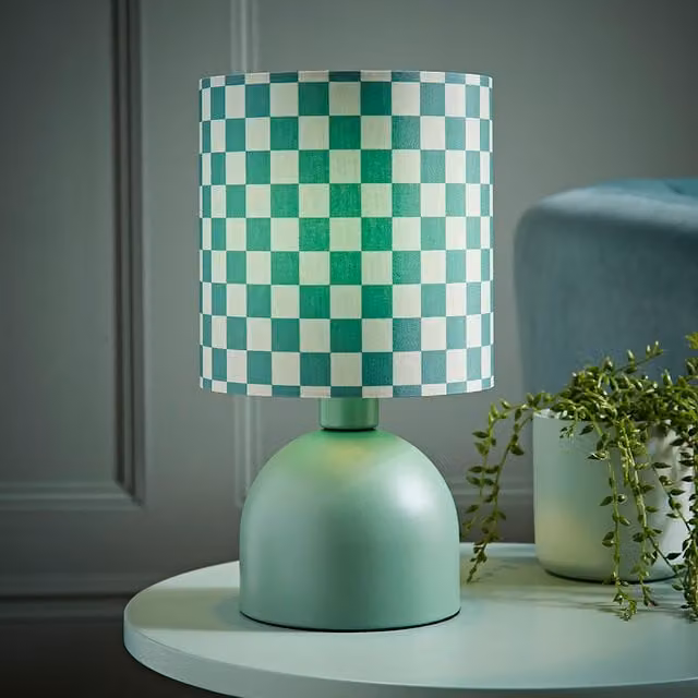 ValueLights Miley Checkerboard Print Table Lamp with Drum Shade and LED Bulb, Green