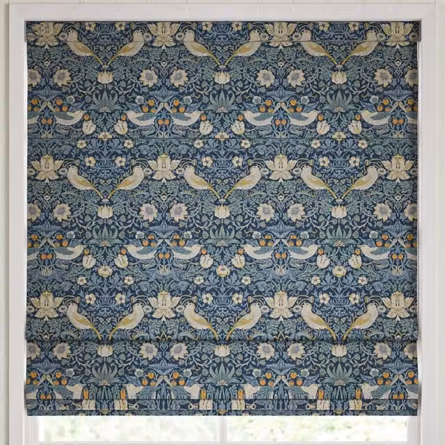 William Morris At Home Strawberry Thief Made to Measure Blackout Roman Blind in Woad Blue and Orange Floral Pattern