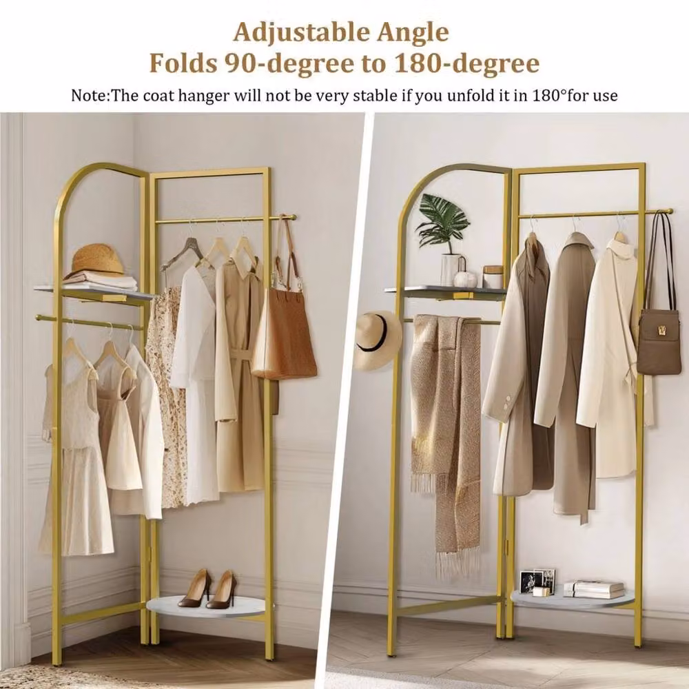 KORVIXA Modern Glossy Gold Metal Clothes Rail with Dual Hook and Rail Matrix – 3