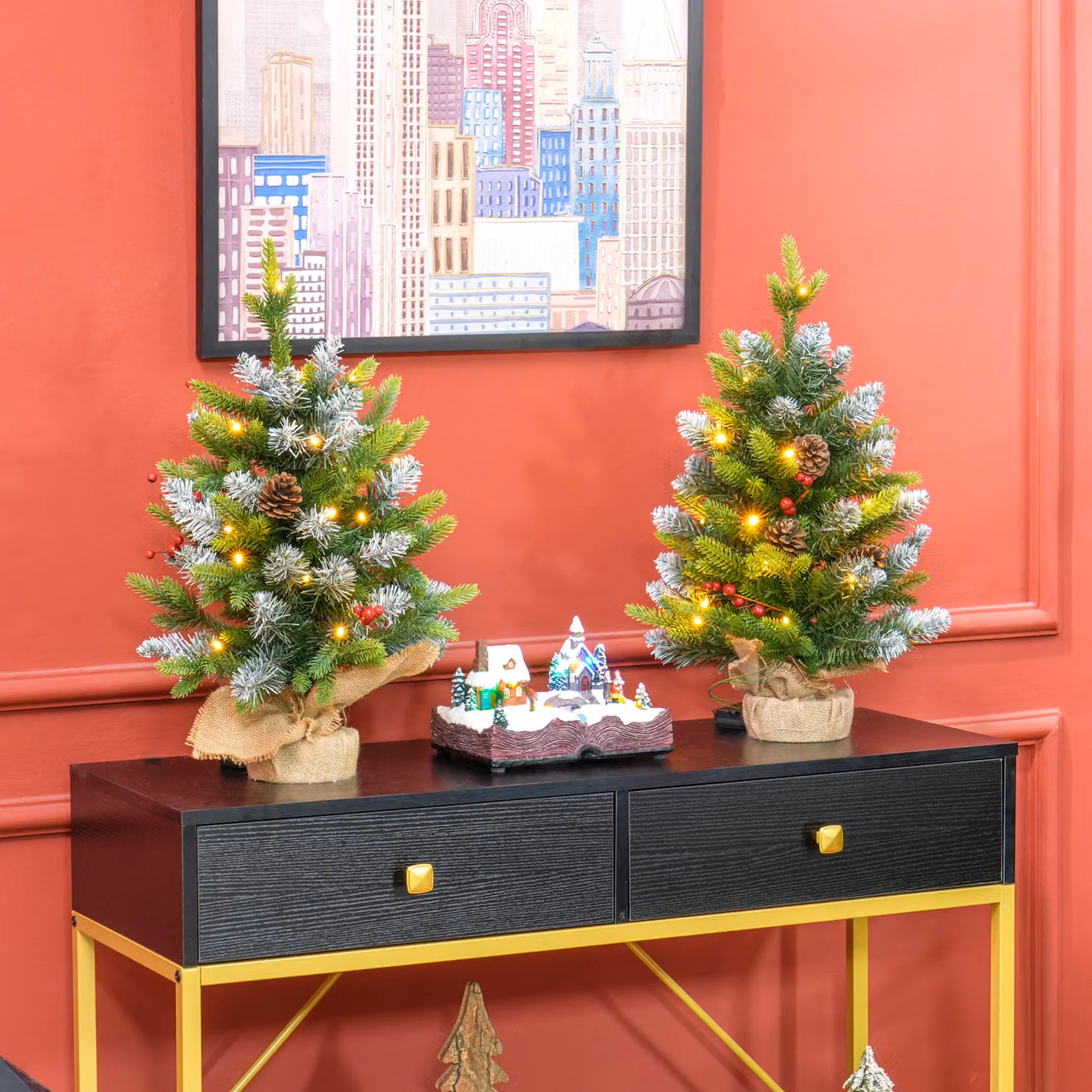 HOMCOM Set of Two Green Tabletop Christmas Trees with Lights, Berries and Pinecones, H: 60.96 cm – 2