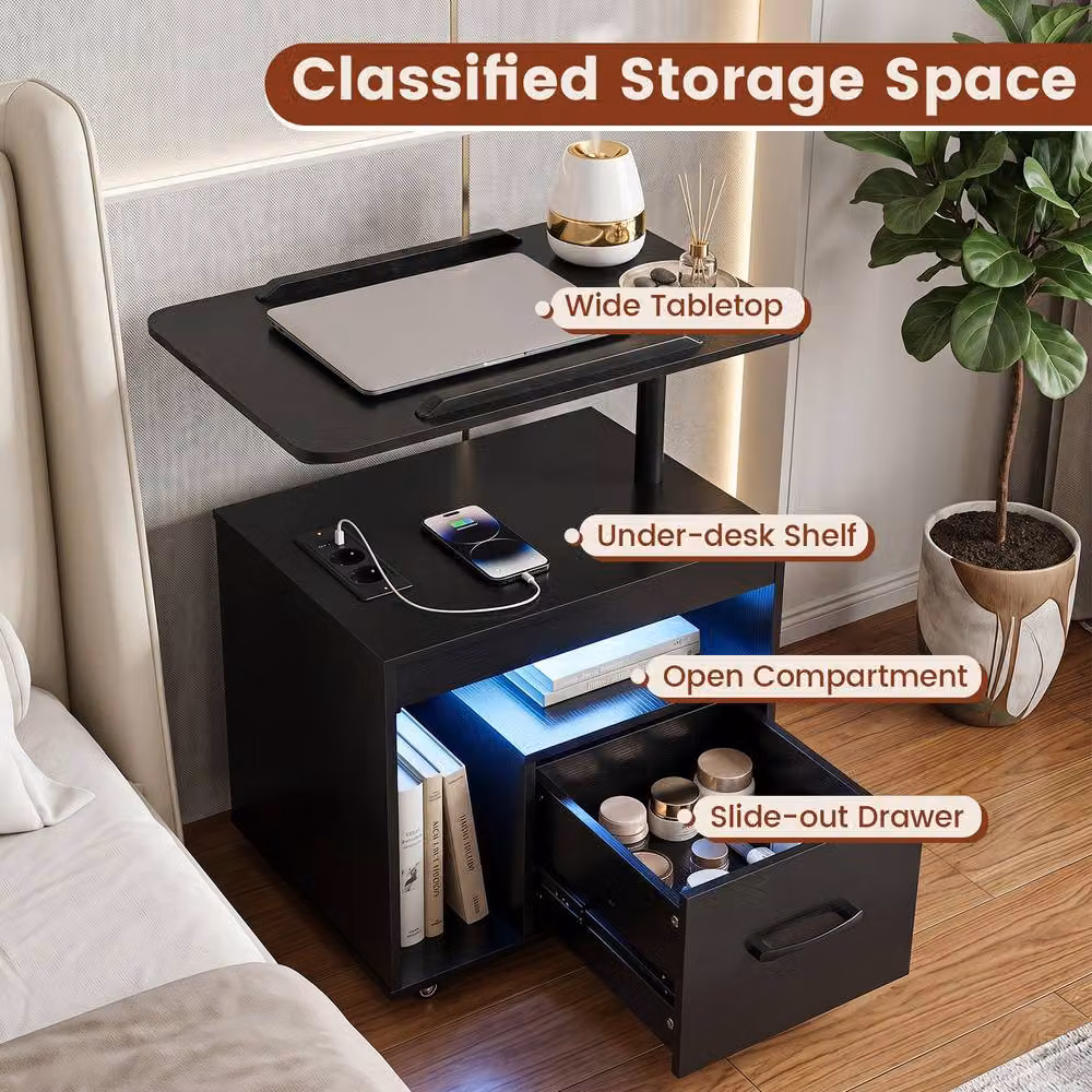 Costway Modern Black Nightstand with Integrated LED Lighting and Charging Station – 4