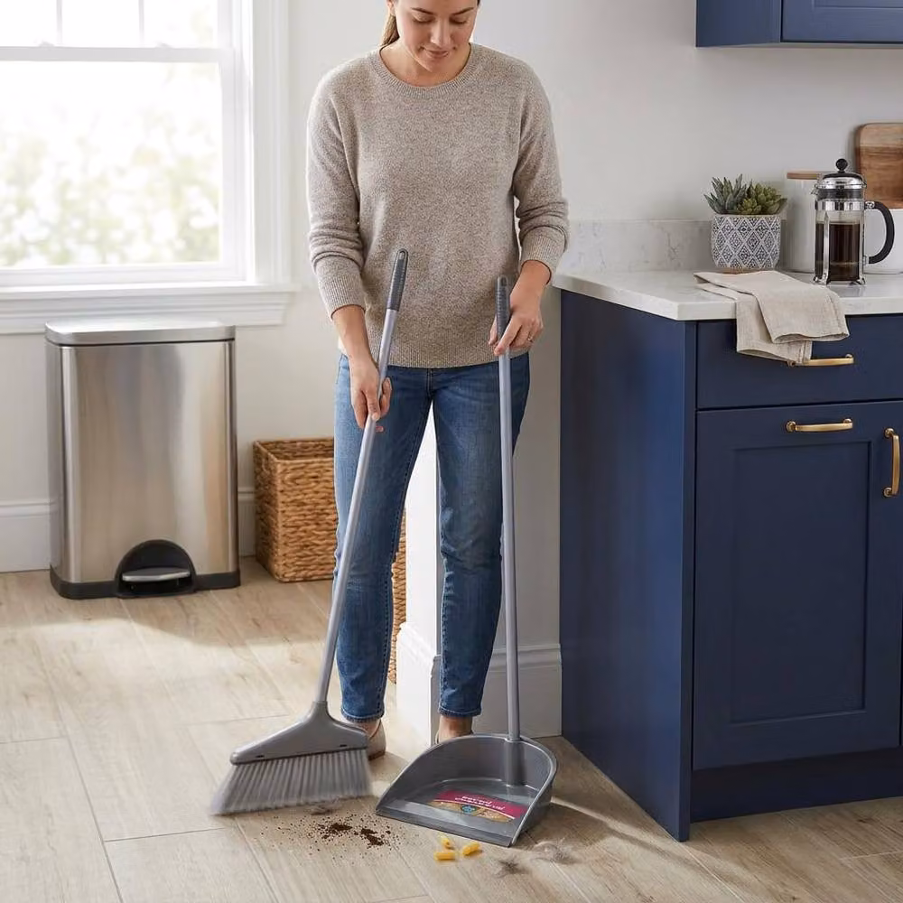 BARGAINS-GALORE Long Handle Dustpan and Brush Set with Soft Bristles in Grey – 2