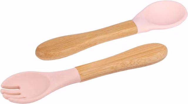 Tiny Dining Bamboo and Silicone Baby Feeding Cutlery Set with Fork and Spoon in Baby Pink