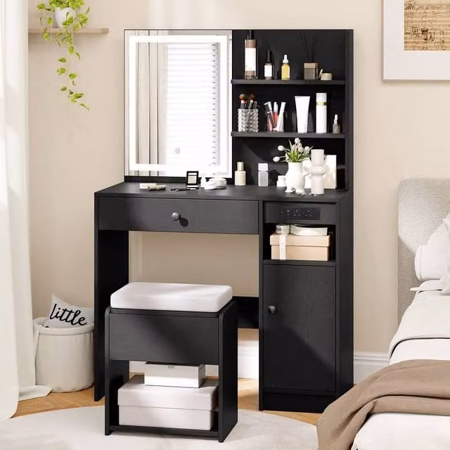 Costway Wooden Vanity Desk with Stool and Hollywood LED Mirror in Black – 1