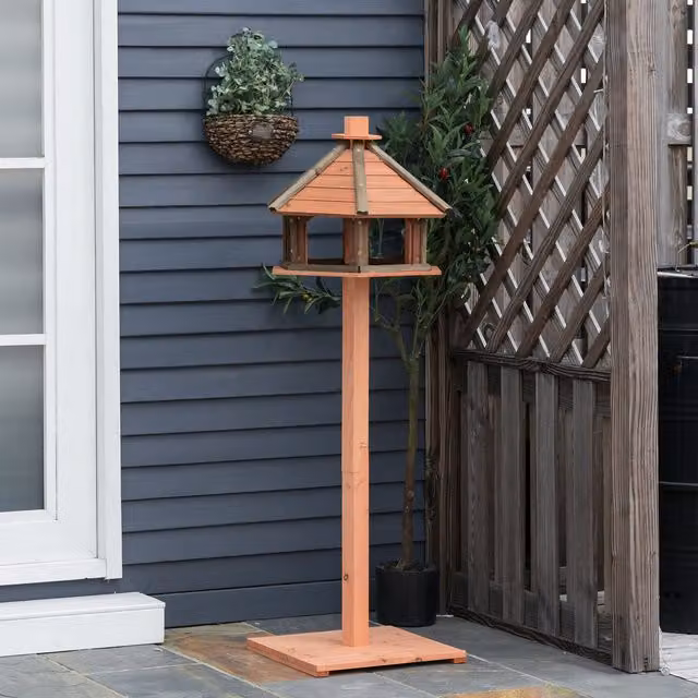 PawHut Wooden Bird Table Feeding Station with Roof, Brown