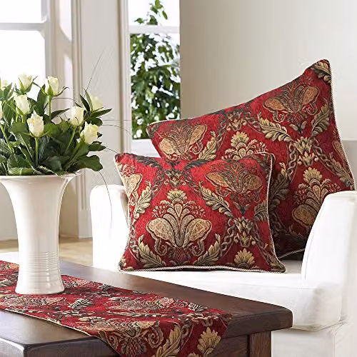 Riva Paoletti Shiraz Square Filled Cushion in Red Embroidered Damask Jacquard with Gold Piped Edges, W/D/H: 45 x 45 x 45 cm – 2