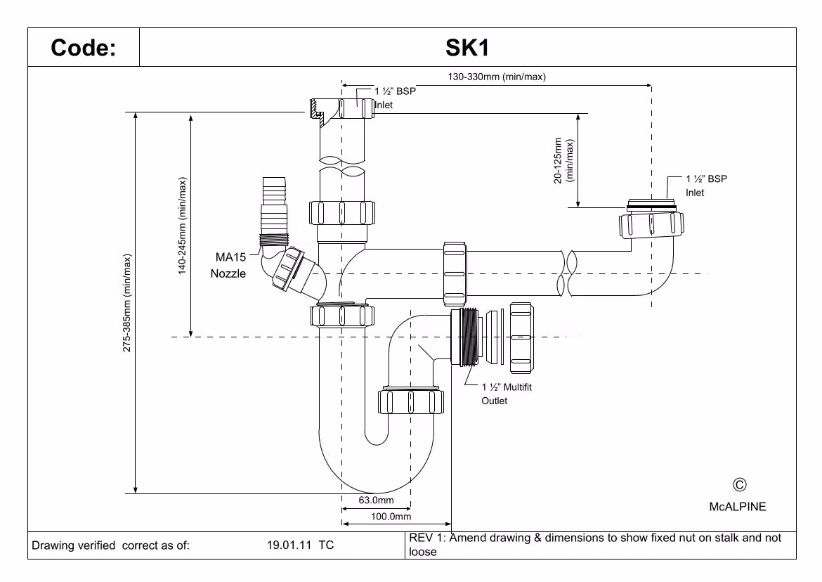 McAlpine SK1 Standard Bowl and a Half Plumbing Kit with Tubular Trap in White – 3