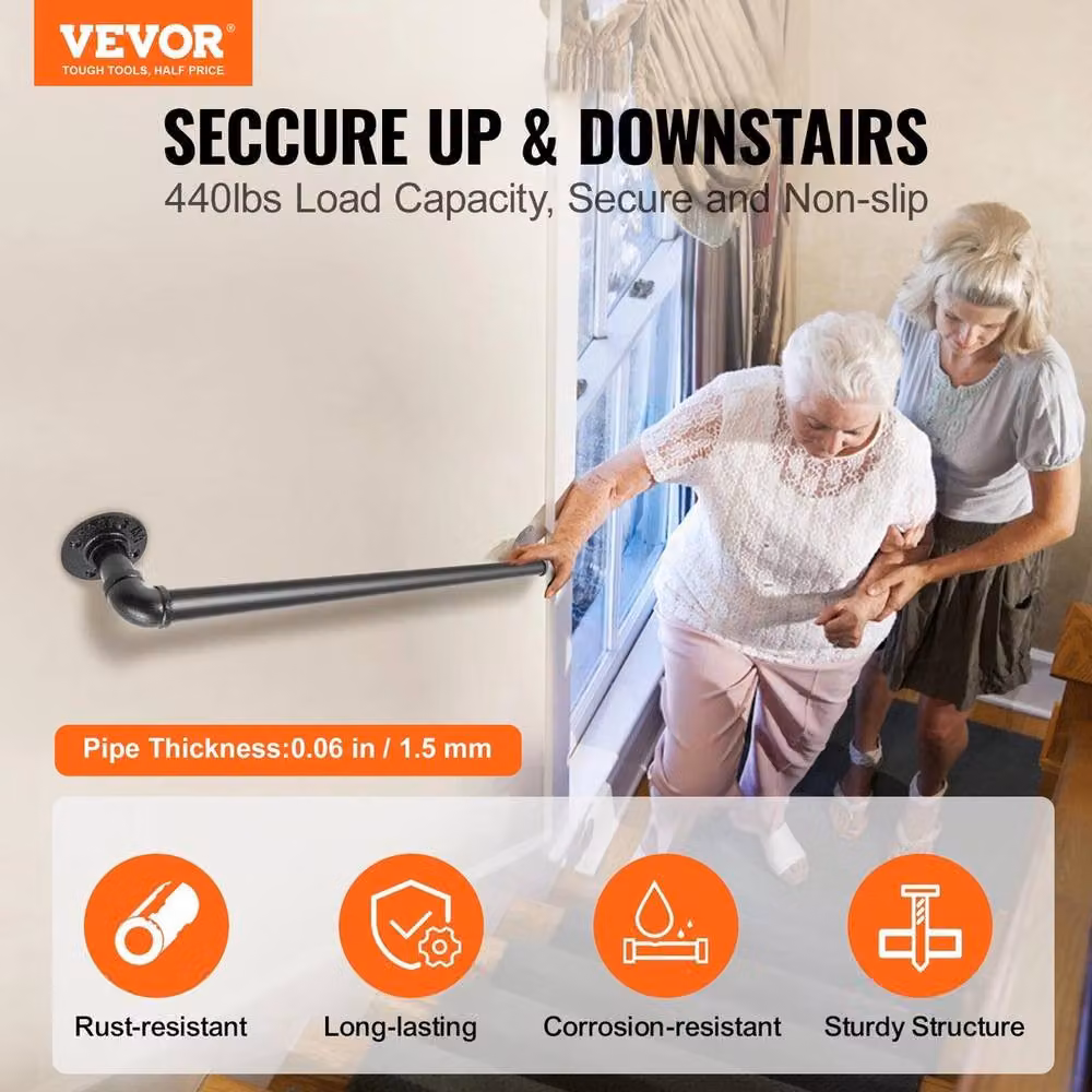 NESTLUNE Carbon Steel Wall Mounted Pipe Stair Safety Handrail, Black, W: 52 cm, H: 60 cm, D: 52 cm – 2