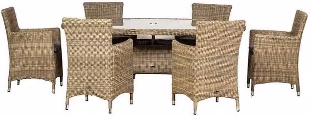 A-MIR Wentworth 6 Seater Ellipse Carver Dining Set in Beige Synthetic Rattan with Glass Top – 1