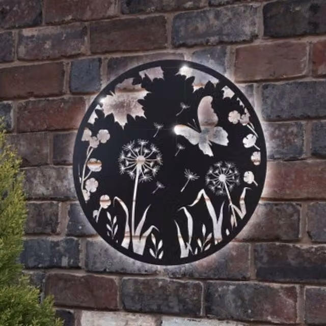 Betley Butterfly Solar Backlit Metal Garden Wall Art in Black